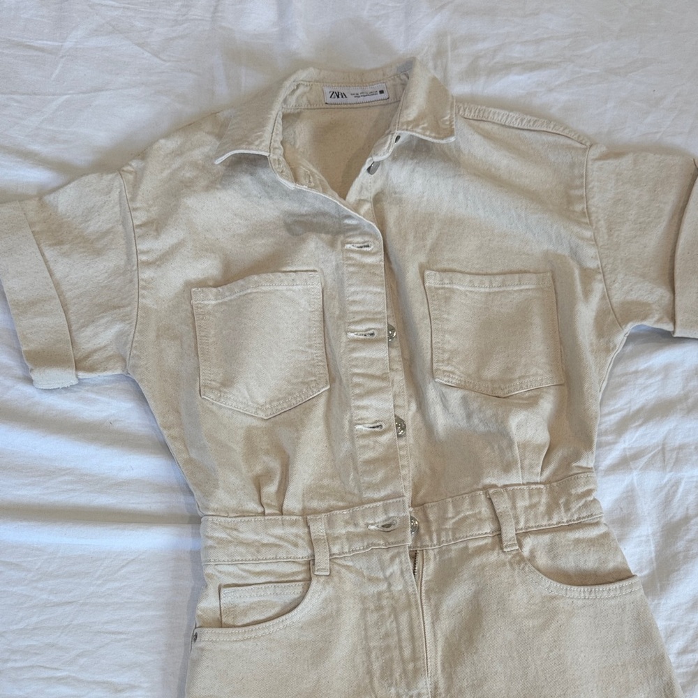 Zara Beige Short-Sleeve Jumpsuit